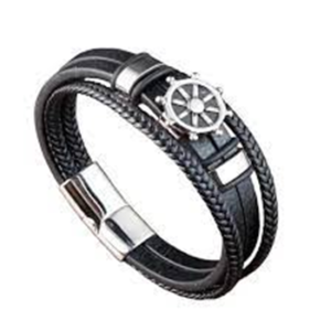 Black Leather Ship Wheel Bracelet – Nautical Elegance