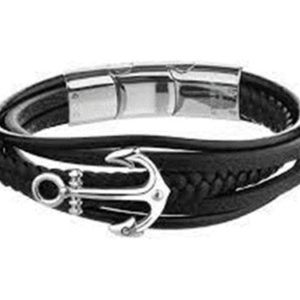 Black Leather Anchor Bracelet – Sleek & Nautical