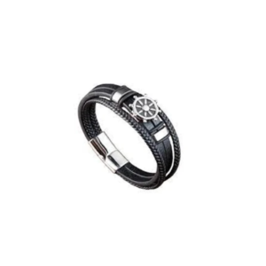 Black Leather Ship Wheel Bracelet – Nautical Elegance