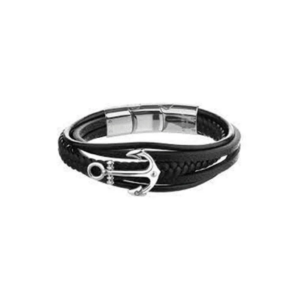 Black Leather Anchor Bracelet – Sleek & Nautical